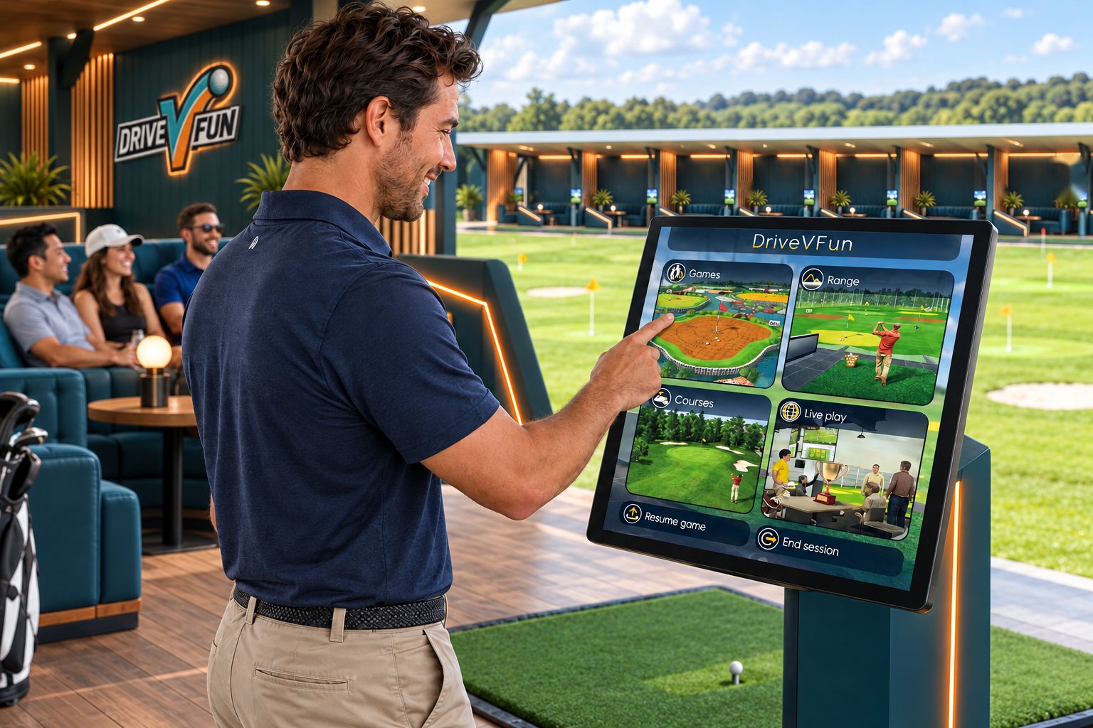 A golfer choosing a game on the DriveVFun touchscreen in a bay