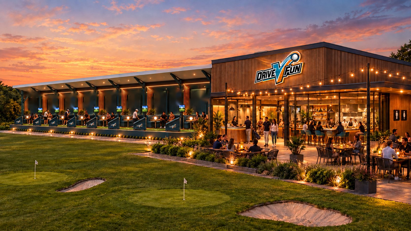 A DriveVFun venue at sunset, with a row of bays beside a busy bar, kitchen and outdoor terrace