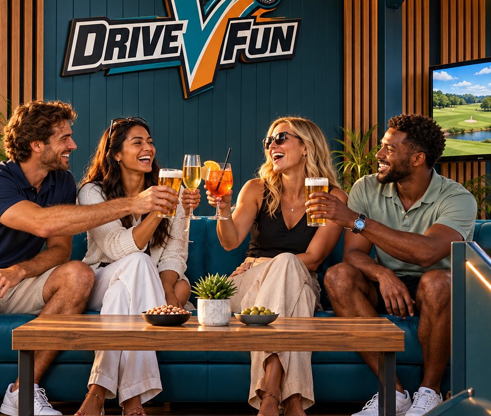 Four friends toasting with drinks on a sofa in a DriveVFun bay