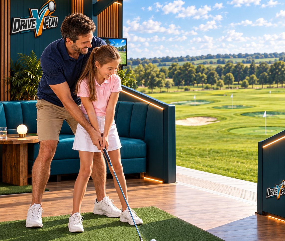 A parent coaching a young girl's swing in a DriveVFun bay