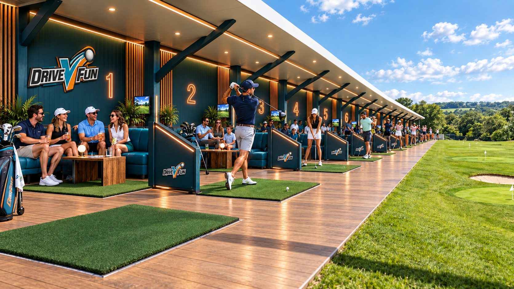 Golfers and friends enjoying a row of finished DriveVFun bays