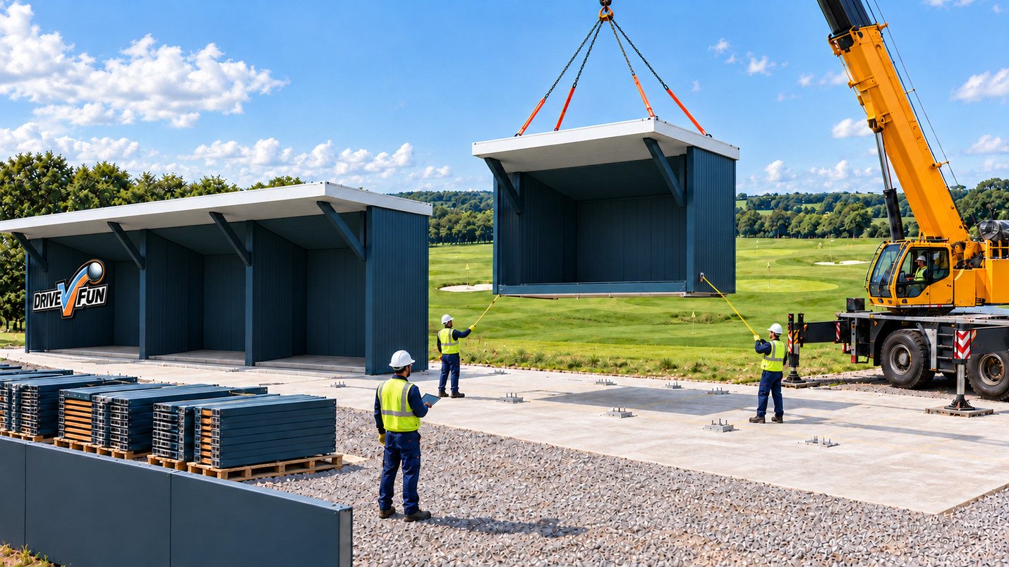 A modular DriveVFun bay unit being craned into place on site