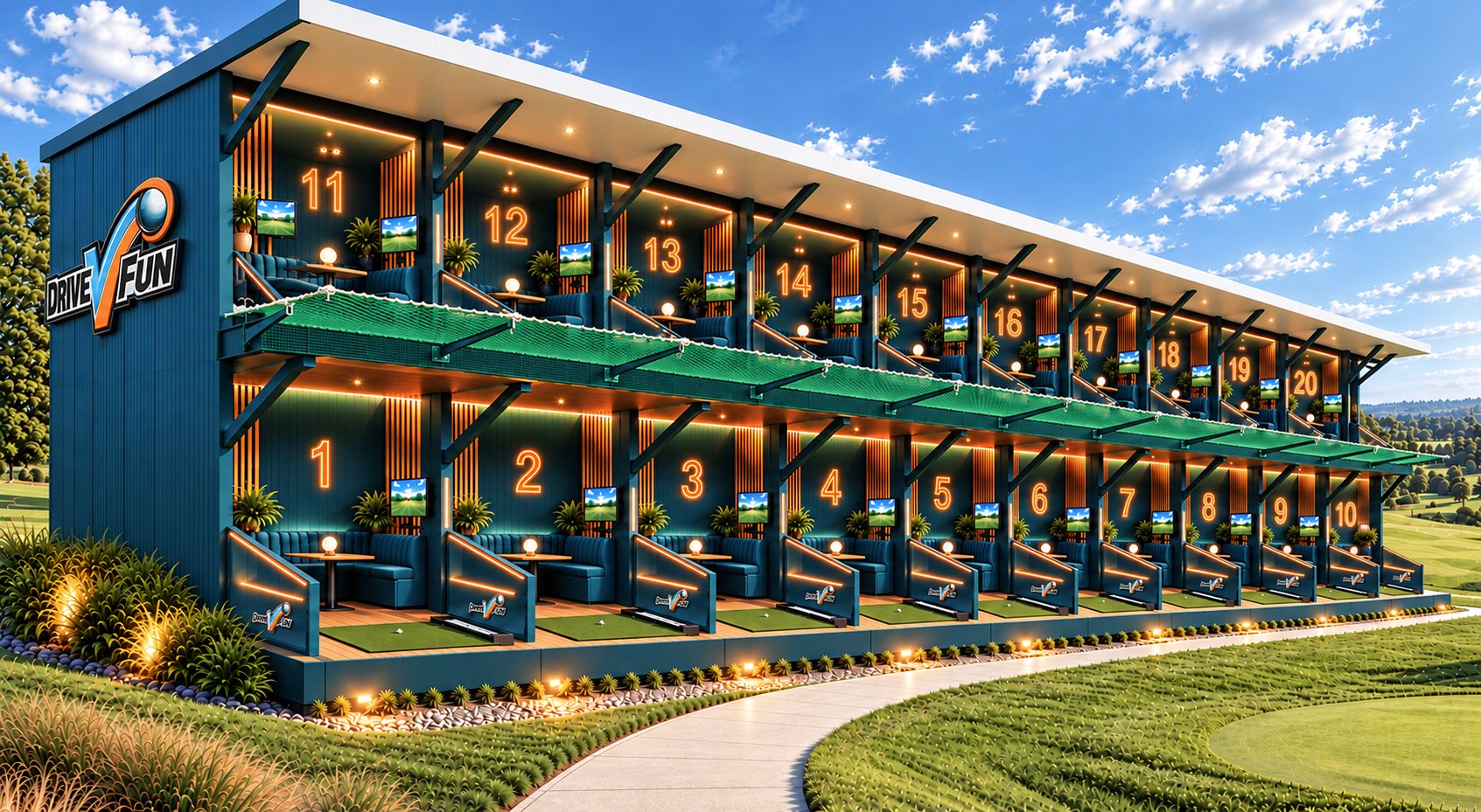 The same range expanded to a two-storey DriveVFun venue of twenty modular bays