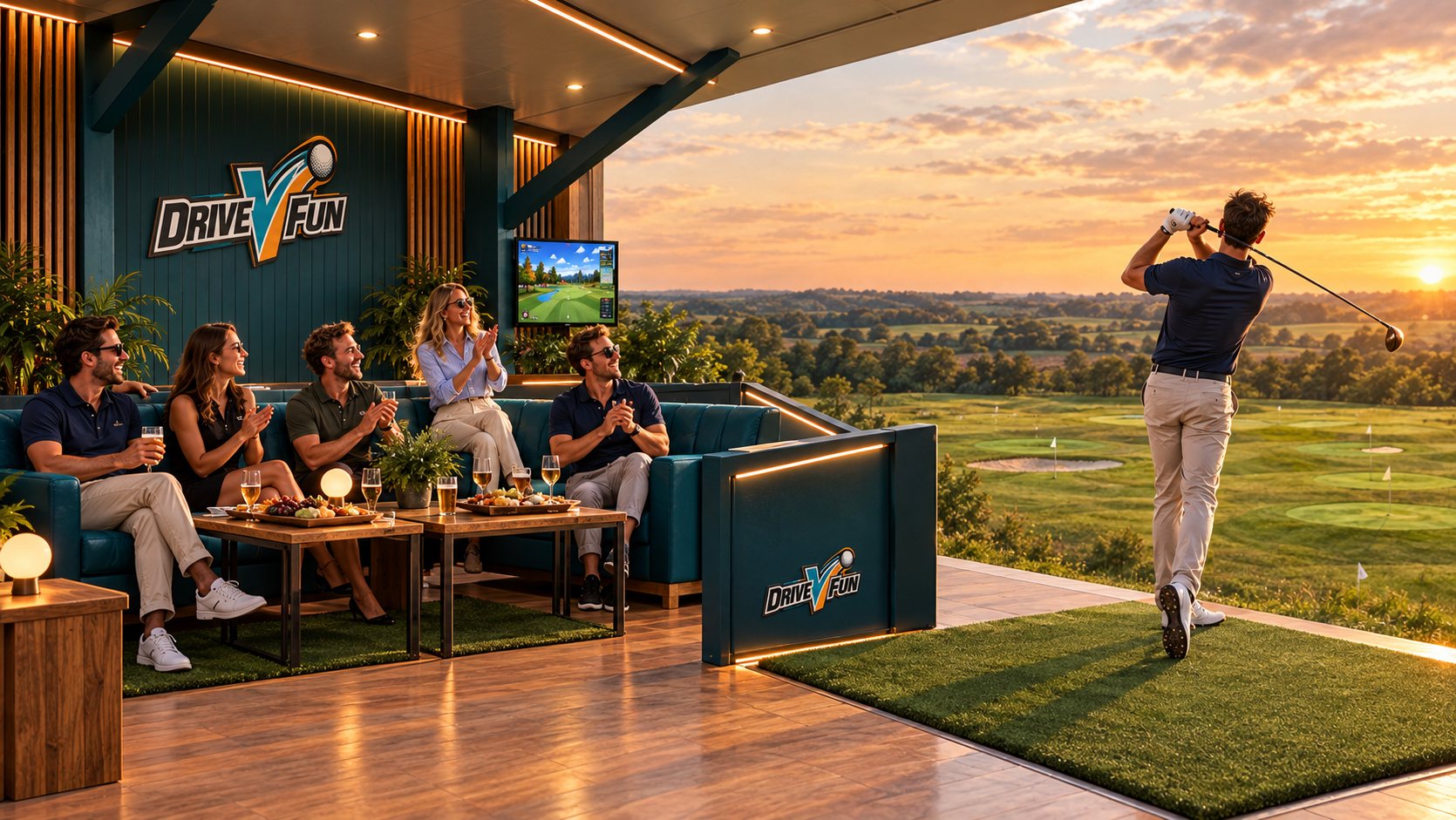 Friends relaxing on bay seating while a golfer drives from a DriveVFun bay onto the outfield