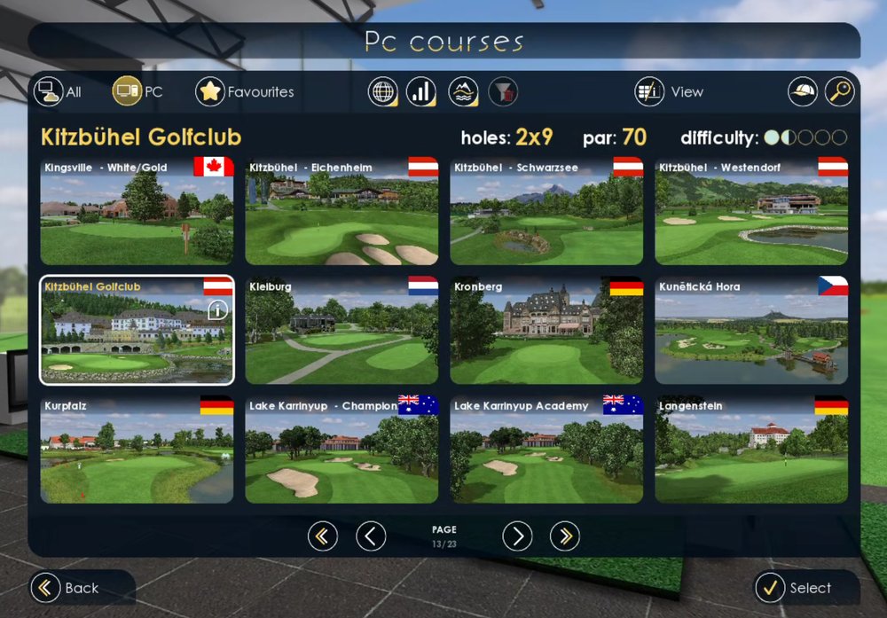 DriveVFun course selection screen showing real golf courses from around the world