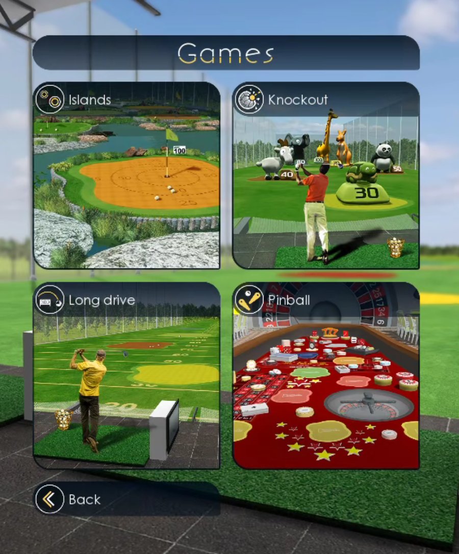 DriveVFun games menu showing Islands, Knockout, Long drive and Pinball
