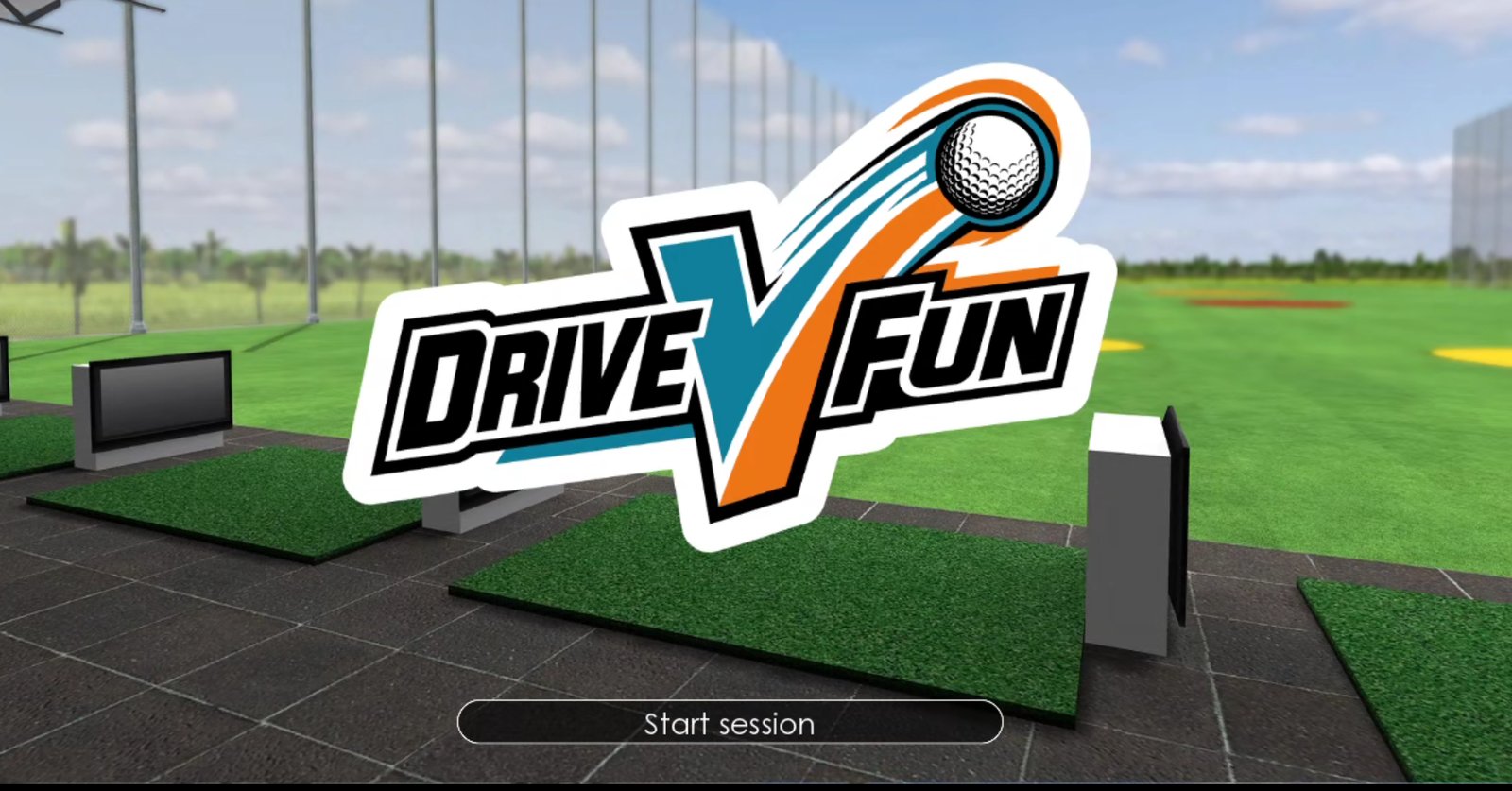 The DriveVFun software start screen with the DriveVFun logo over a virtual driving range