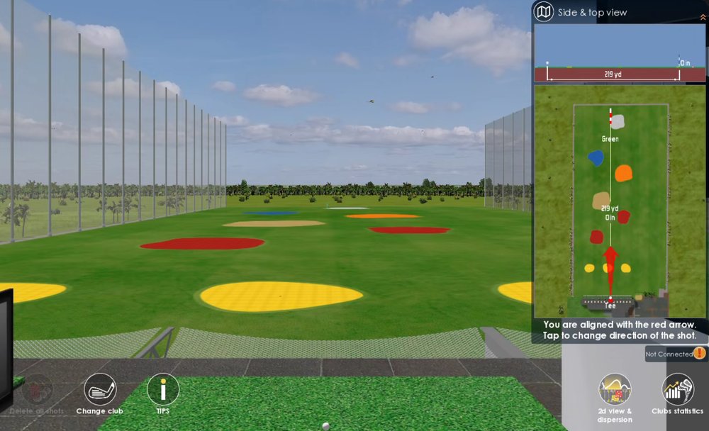 DriveVFun range practice screen with target greens and a side and top shot view